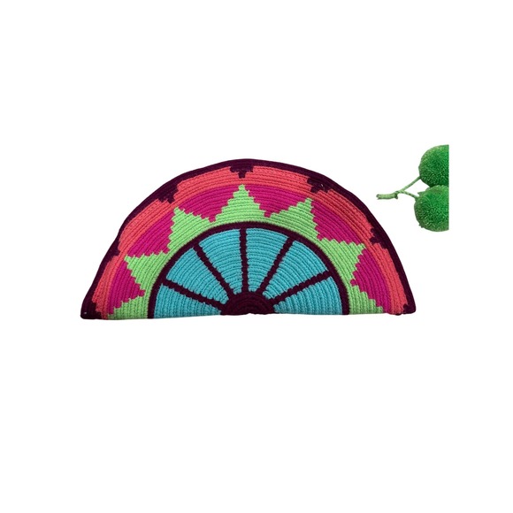 Artisan Woven Geometric Half Moon Wristlet Clutch Bag with Pom Poms Multicolor - Picture 2 of 4